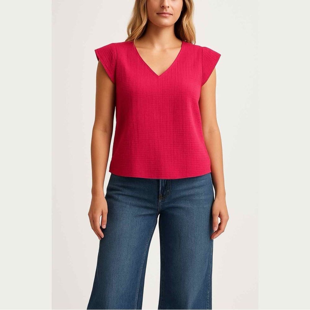 NWT Three Dots Pink Slub Gauze Cotton V Neck Blouse